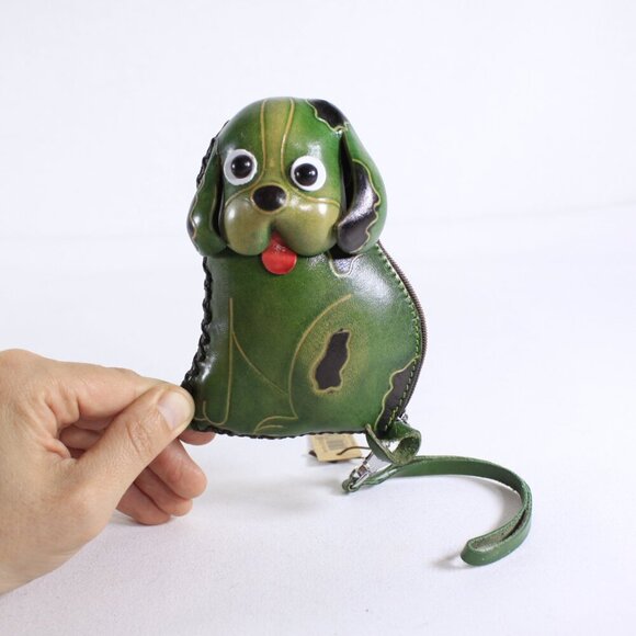 Green leather dog coin purse, small leather zippered puppy pouch, dog wallet - Picture 2 of 10